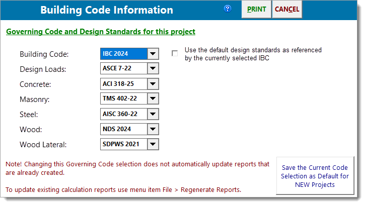 Governing code selection dialog 