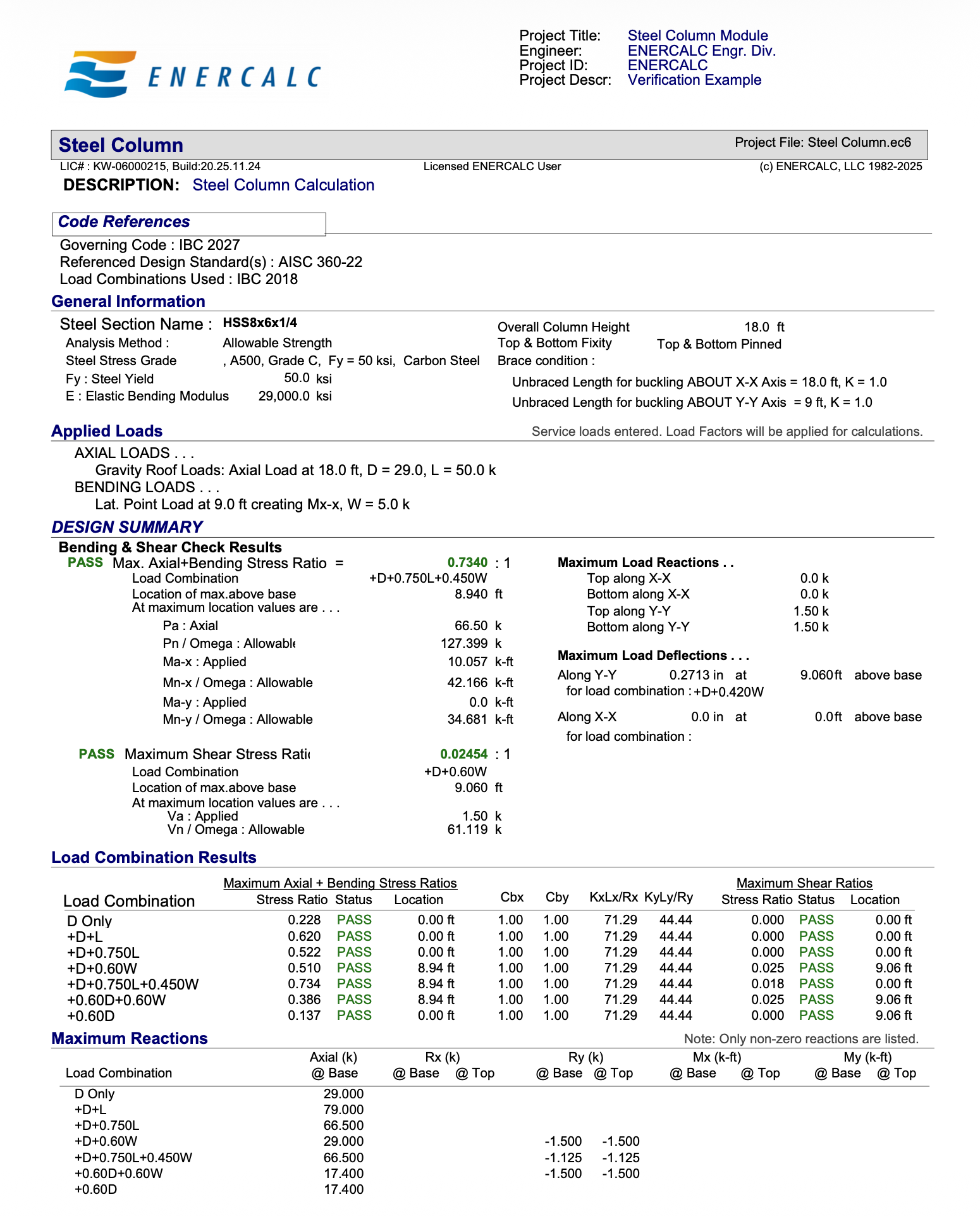 Steel Column ENERCALC report page 1